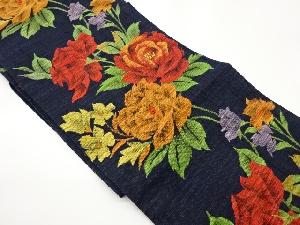 手織り紬薔薇に花々模様織出し名古屋帯